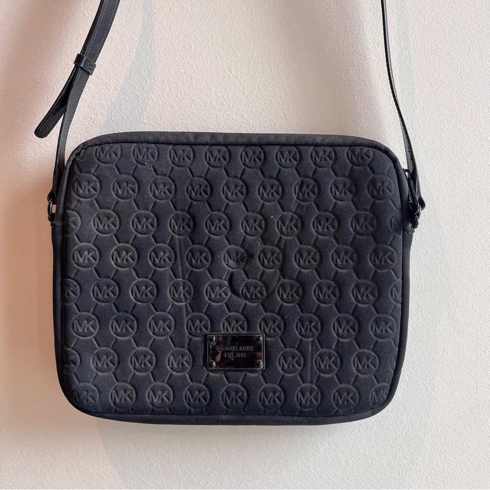 Michael Kors Monogram Embossed Neoprene iPad Crossbody Bag Black Soft Shell